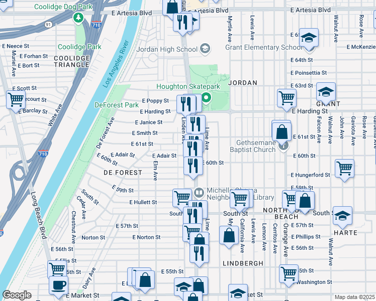 map of restaurants, bars, coffee shops, grocery stores, and more near 6050 Linden Avenue in Long Beach
