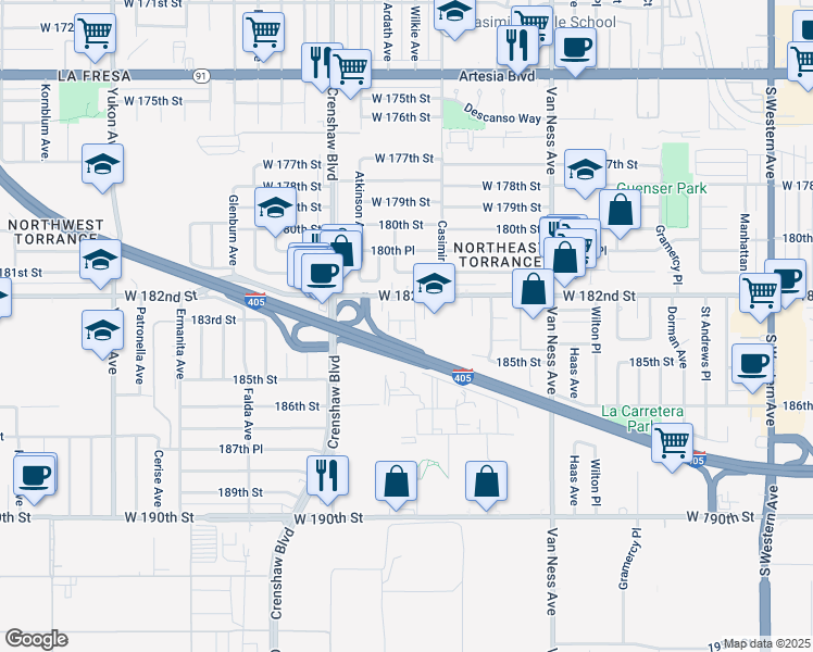 map of restaurants, bars, coffee shops, grocery stores, and more near in Torrance