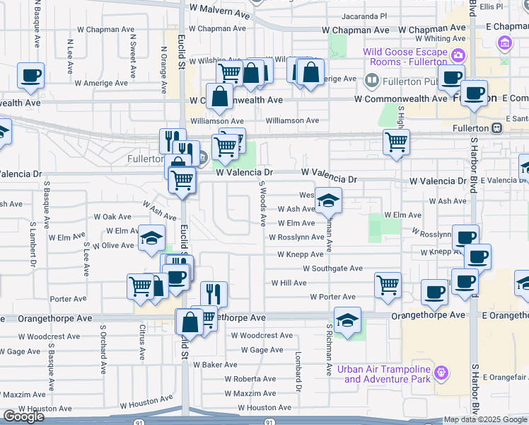 map of restaurants, bars, coffee shops, grocery stores, and more near 724 South Woods Avenue in Fullerton