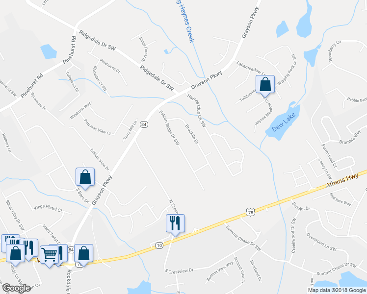 map of restaurants, bars, coffee shops, grocery stores, and more near 2570 Falcon Ridge Drive Southwest in Grayson
