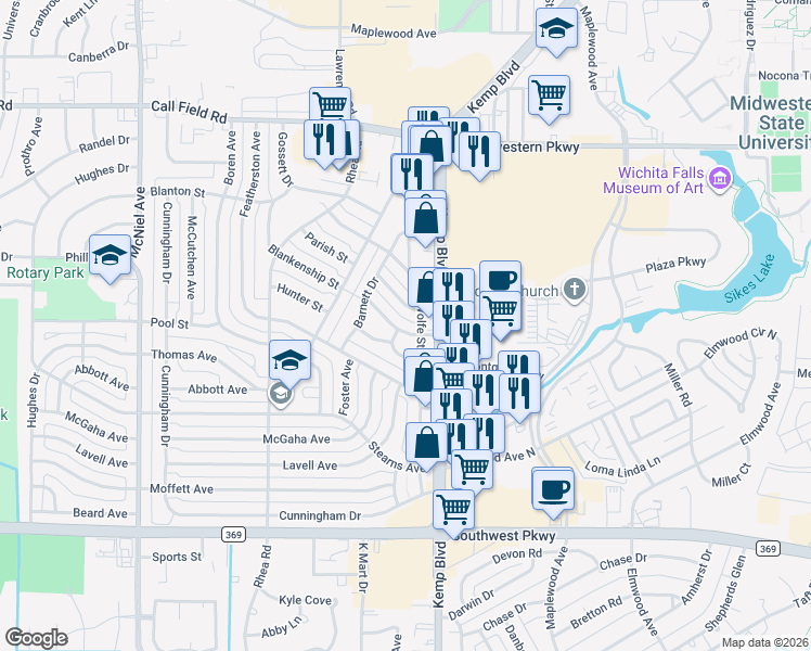 map of restaurants, bars, coffee shops, grocery stores, and more near 2815 Montgomery Place in Wichita Falls