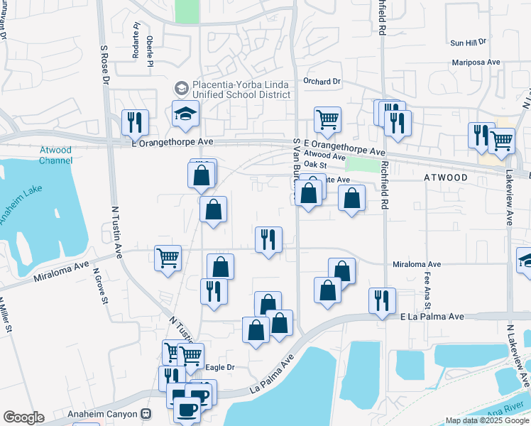map of restaurants, bars, coffee shops, grocery stores, and more near 1365 South Van Buren Street in Placentia