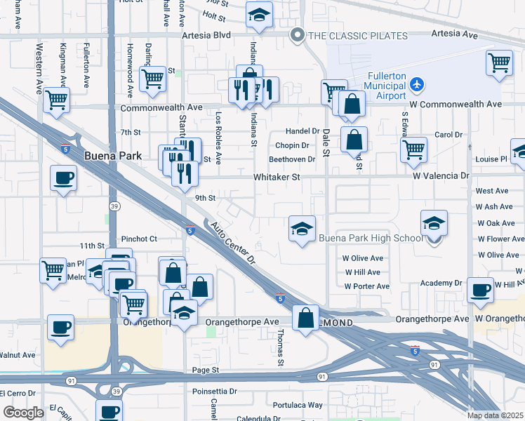 map of restaurants, bars, coffee shops, grocery stores, and more near 6582 Arizona Street in Buena Park