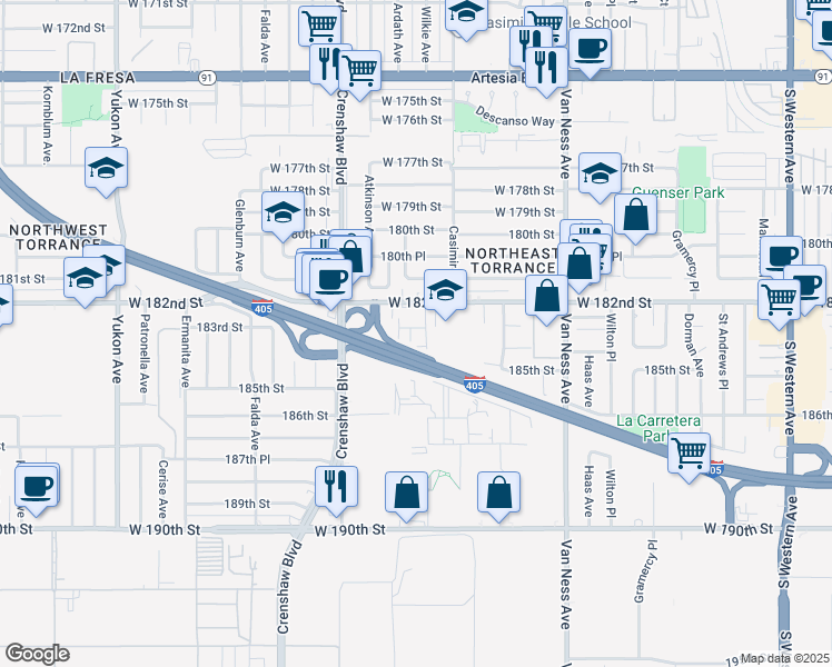 map of restaurants, bars, coffee shops, grocery stores, and more near in Torrance