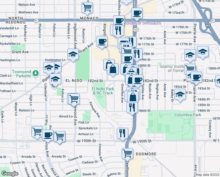 map of restaurants, bars, coffee shops, grocery stores, and more near 18321 Mansel Avenue in Redondo Beach