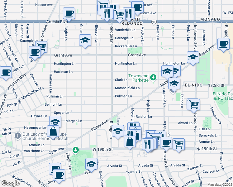 map of restaurants, bars, coffee shops, grocery stores, and more near 1010 Rindge Lane in Redondo Beach
