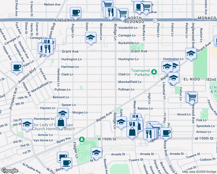 map of restaurants, bars, coffee shops, grocery stores, and more near 2108 Pullman Lane in Redondo Beach