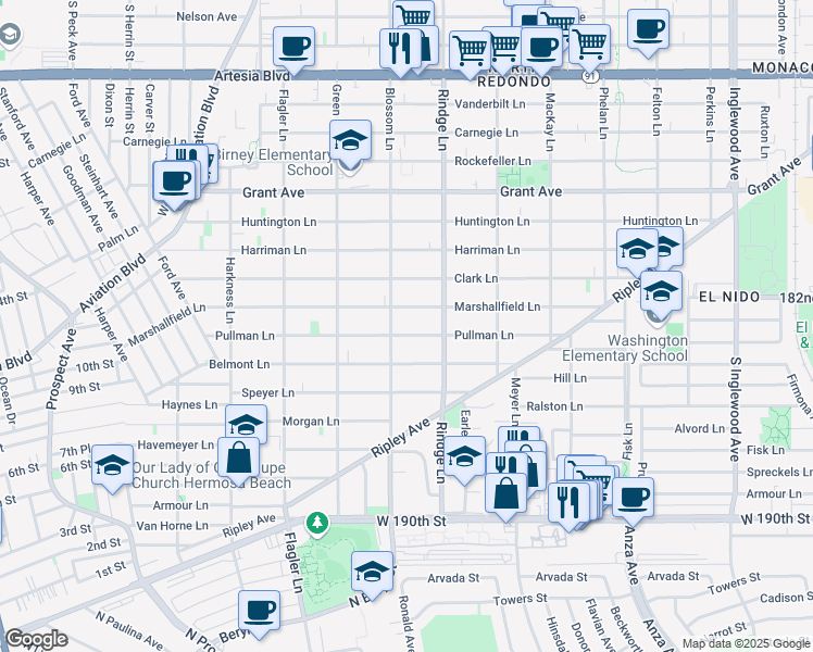 map of restaurants, bars, coffee shops, grocery stores, and more near 2108 Pullman Lane in Redondo Beach
