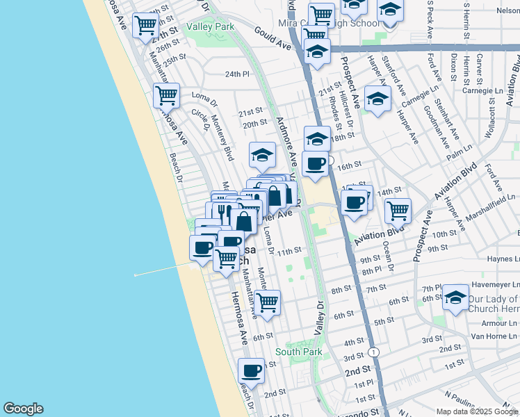 map of restaurants, bars, coffee shops, grocery stores, and more near 422 Pier Avenue in Hermosa Beach