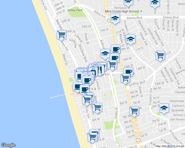 map of restaurants, bars, coffee shops, grocery stores, and more near 422 Pier Avenue in Hermosa Beach