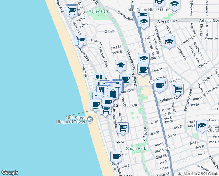 map of restaurants, bars, coffee shops, grocery stores, and more near 1414 Manhattan Avenue in Hermosa Beach