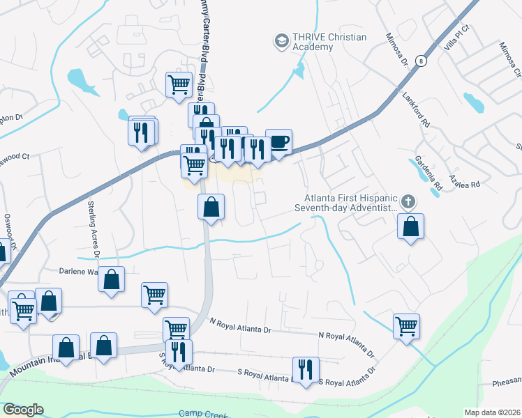 map of restaurants, bars, coffee shops, grocery stores, and more near 6038 Leeshire Trace in Tucker