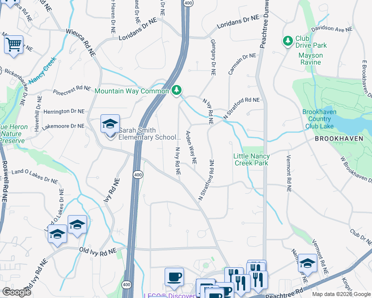 map of restaurants, bars, coffee shops, grocery stores, and more near 3984 Arden Way Northeast in Atlanta