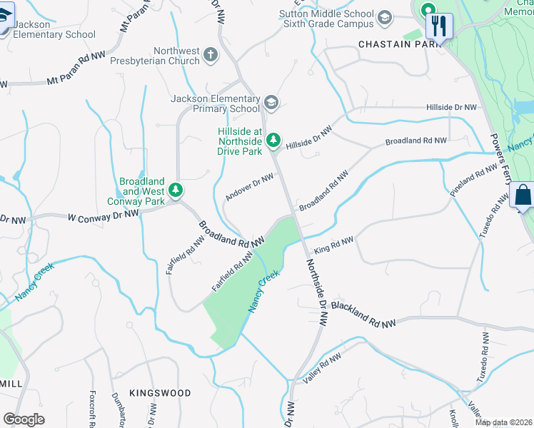 map of restaurants, bars, coffee shops, grocery stores, and more near 4 Broadland Road Northwest in Atlanta