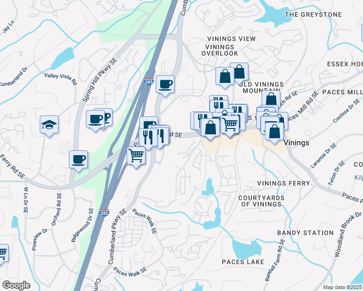 map of restaurants, bars, coffee shops, grocery stores, and more near 2700 Paces Ferry Road Southeast in Atlanta