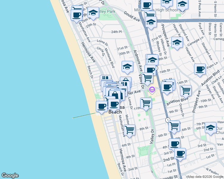 map of restaurants, bars, coffee shops, grocery stores, and more near 1502 Palm Drive in Hermosa Beach