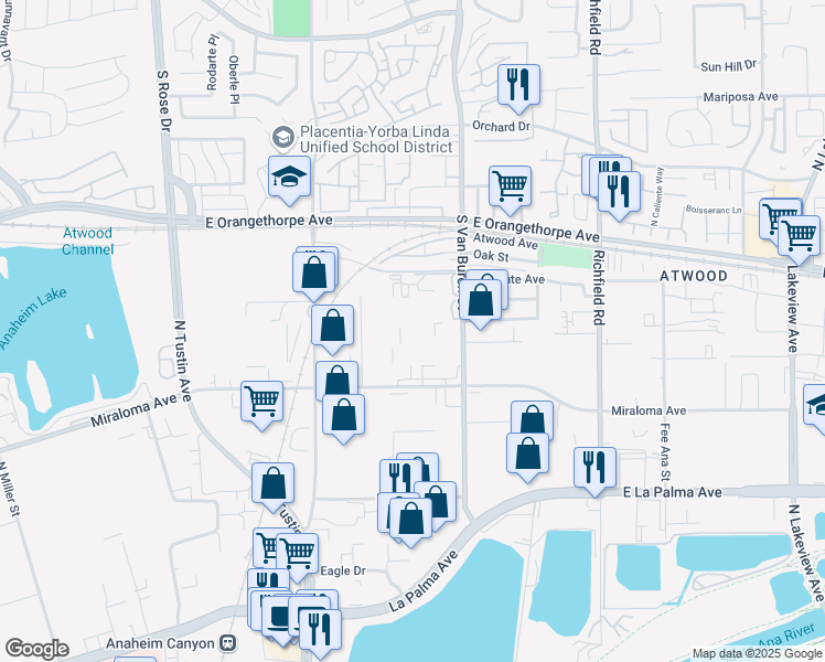 map of restaurants, bars, coffee shops, grocery stores, and more near 721 South Van Buren Street in Placentia
