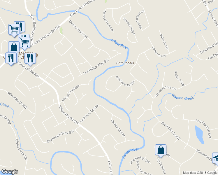 map of restaurants, bars, coffee shops, grocery stores, and more near 3870 Windhurst Drive Southwest in Lilburn