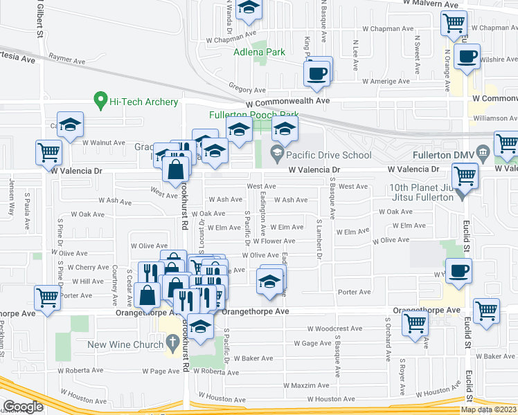 map of restaurants, bars, coffee shops, grocery stores, and more near 513 Eadington Avenue in Fullerton