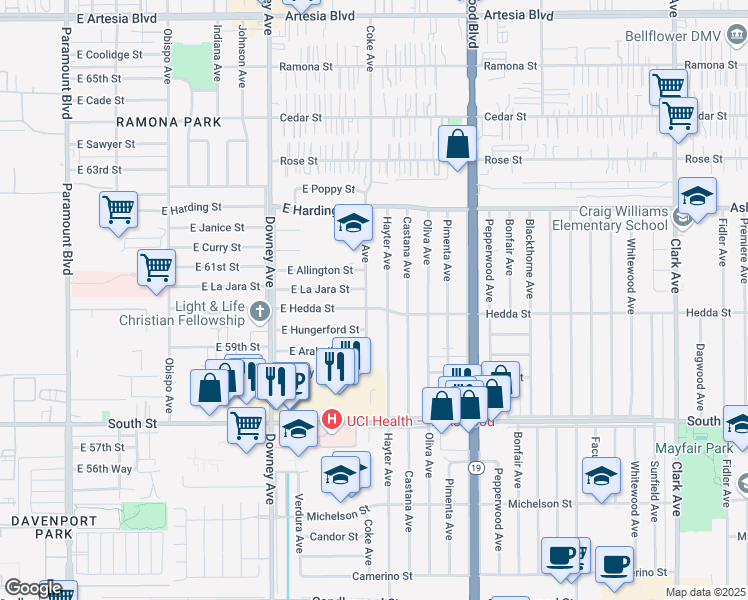 map of restaurants, bars, coffee shops, grocery stores, and more near 6006 Coke Avenue in Long Beach