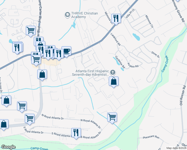 map of restaurants, bars, coffee shops, grocery stores, and more near 6202 Thorncrest Drive in Tucker