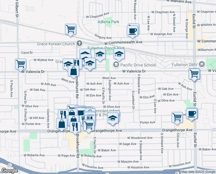 map of restaurants, bars, coffee shops, grocery stores, and more near 513 Eadington Avenue in Fullerton