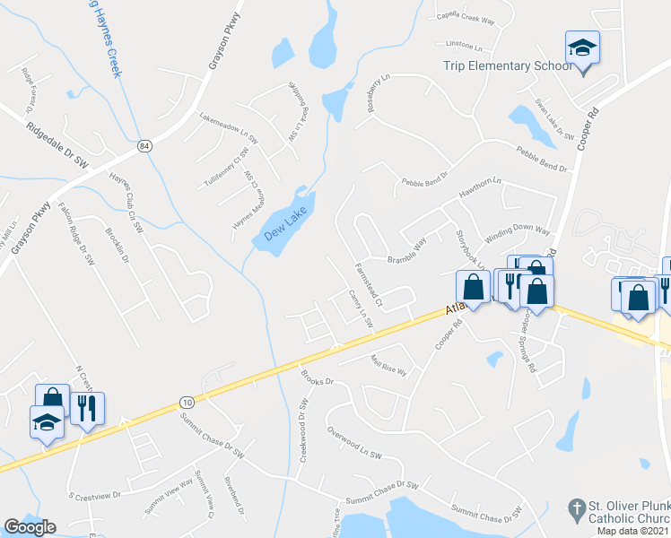 map of restaurants, bars, coffee shops, grocery stores, and more near 174 Camry Lane Southwest in Grayson