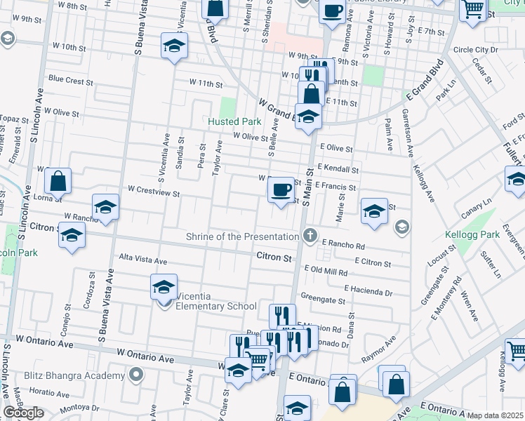 map of restaurants, bars, coffee shops, grocery stores, and more near 1637 South Belle Avenue in Corona