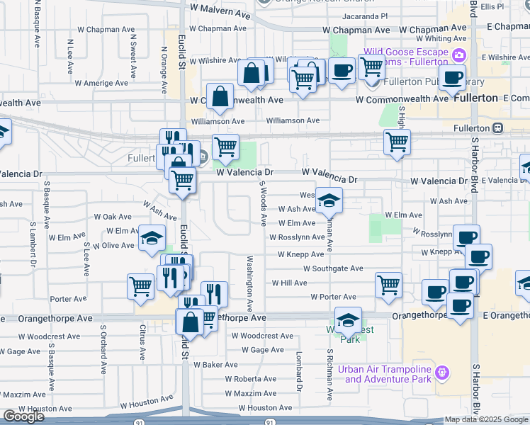 map of restaurants, bars, coffee shops, grocery stores, and more near 720 South Woods Avenue in Fullerton