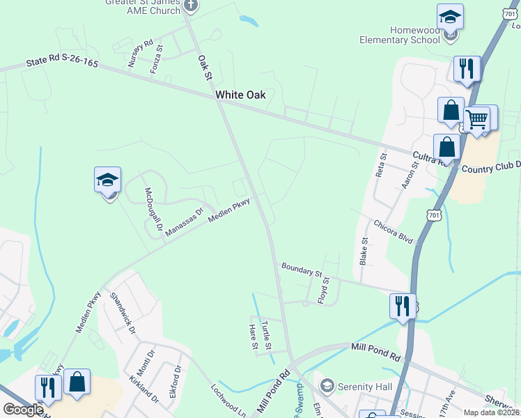 map of restaurants, bars, coffee shops, grocery stores, and more near Oak Street in Conway