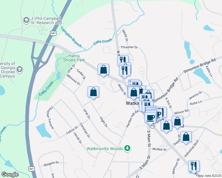 map of restaurants, bars, coffee shops, grocery stores, and more near 107 Tanyard Trail in Watkinsville