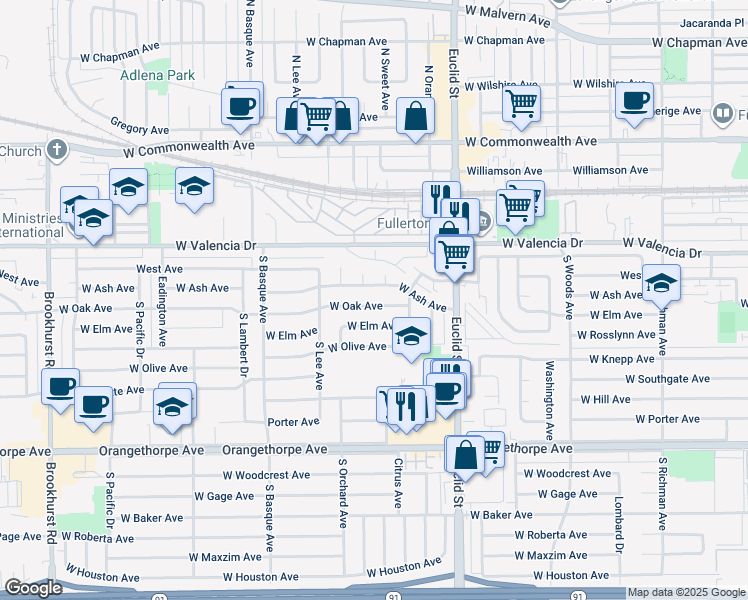map of restaurants, bars, coffee shops, grocery stores, and more near 1131 West Oak Avenue in Fullerton
