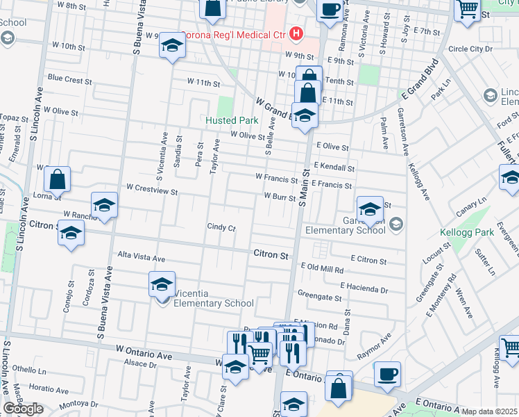 map of restaurants, bars, coffee shops, grocery stores, and more near 1637 South Belle Avenue in Corona
