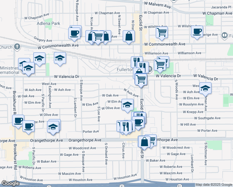map of restaurants, bars, coffee shops, grocery stores, and more near 1131 West Oak Avenue in Fullerton