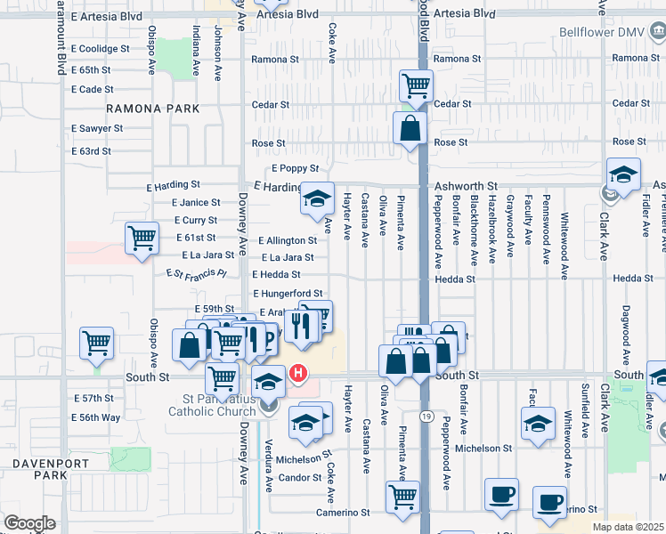 map of restaurants, bars, coffee shops, grocery stores, and more near 6006 Coke Avenue in Long Beach