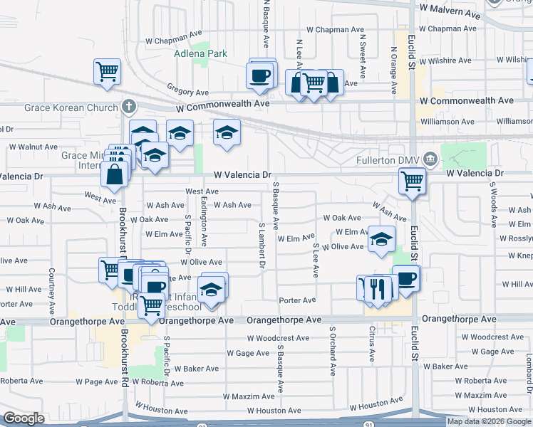 map of restaurants, bars, coffee shops, grocery stores, and more near 600 South Lambert Drive in Fullerton