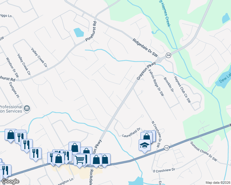 map of restaurants, bars, coffee shops, grocery stores, and more near 1728 Trillium View Court in Grayson