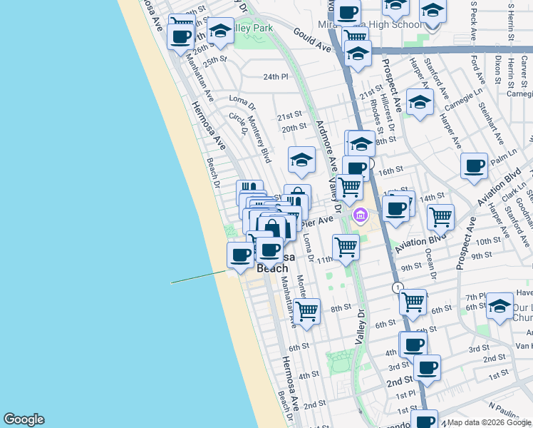 map of restaurants, bars, coffee shops, grocery stores, and more near 1502 Palm Drive in Hermosa Beach