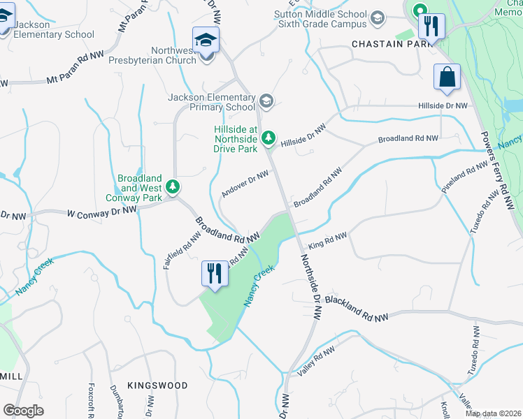 map of restaurants, bars, coffee shops, grocery stores, and more near 4 Broadland Road Northwest in Atlanta