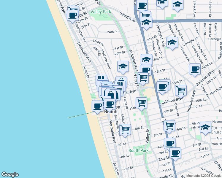 map of restaurants, bars, coffee shops, grocery stores, and more near 1454 Manhattan Avenue in Hermosa Beach