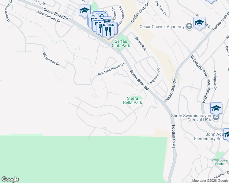 map of restaurants, bars, coffee shops, grocery stores, and more near 2563 Camino Del Plata in Corona