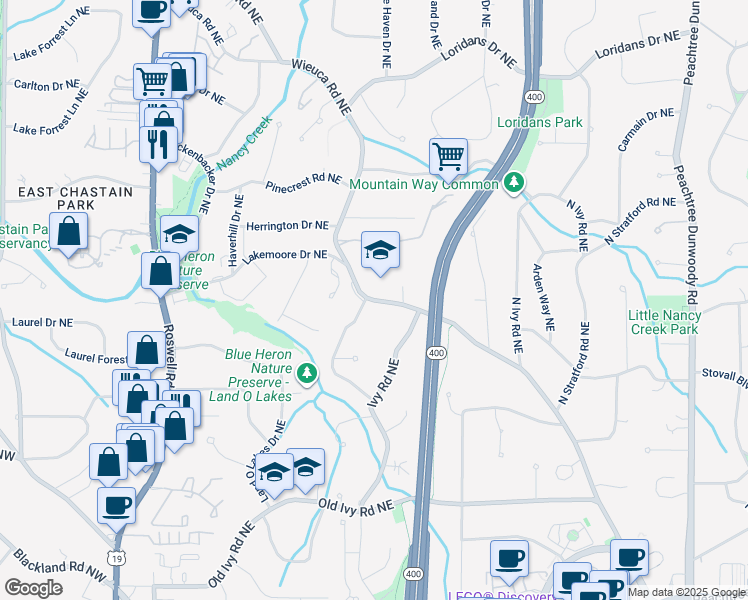 map of restaurants, bars, coffee shops, grocery stores, and more near Wieuca Road Northeast in Atlanta