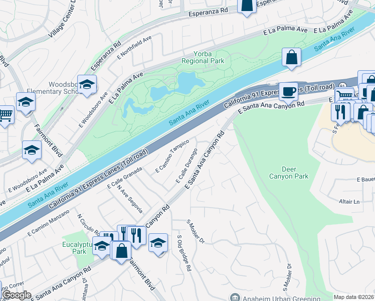 map of restaurants, bars, coffee shops, grocery stores, and more near 7666 East Paseo Laredo in Anaheim