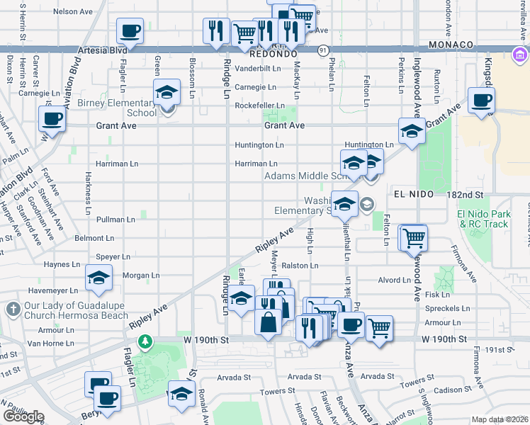 map of restaurants, bars, coffee shops, grocery stores, and more near 1102 Slauson Lane in Redondo Beach