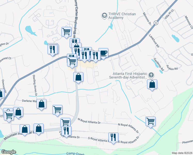 map of restaurants, bars, coffee shops, grocery stores, and more near 6038 Leeshire Trace in Tucker