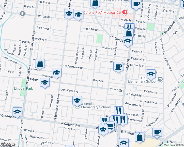 map of restaurants, bars, coffee shops, grocery stores, and more near in Corona