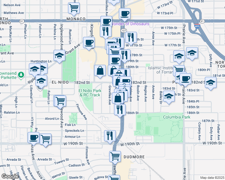 map of restaurants, bars, coffee shops, grocery stores, and more near 18228 Grevillea Avenue in Redondo Beach