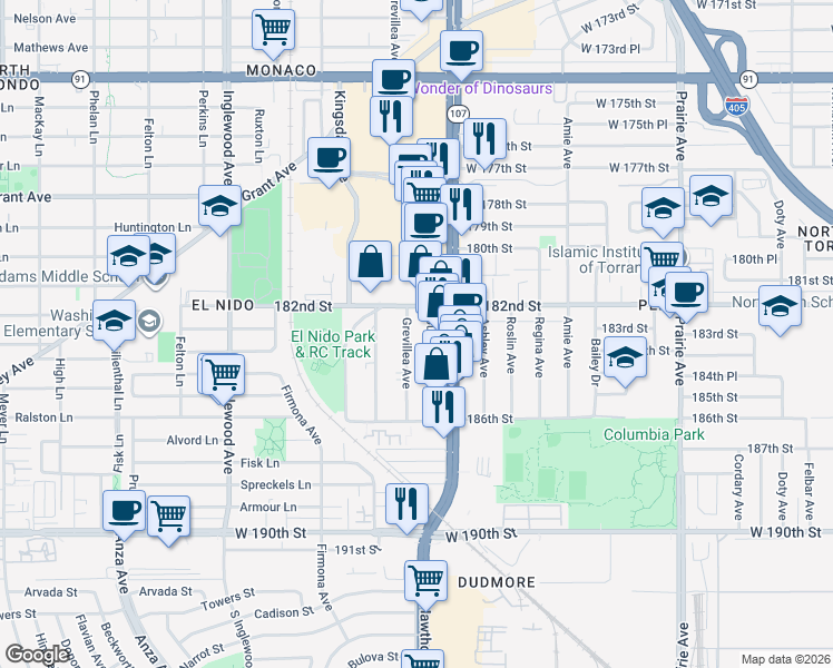 map of restaurants, bars, coffee shops, grocery stores, and more near 18228 Grevillea Avenue in Redondo Beach