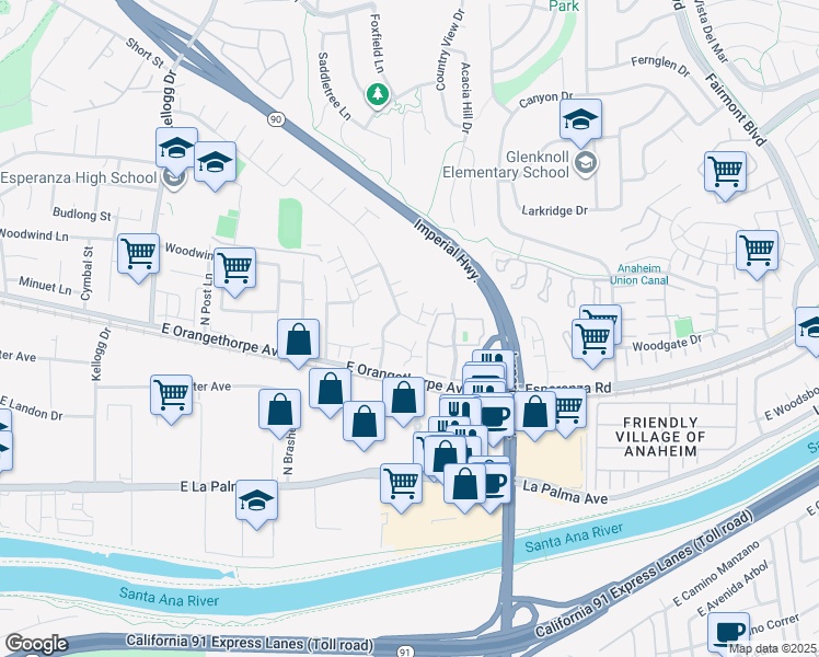 map of restaurants, bars, coffee shops, grocery stores, and more near 5466 East Willow Woods Lane in Anaheim
