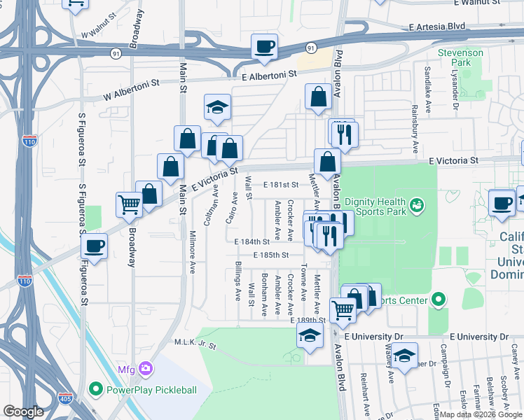 map of restaurants, bars, coffee shops, grocery stores, and more near 18219 Bonham Avenue in Carson